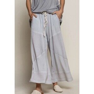 POL Women's Cropped Wide Leg Drawstring Patch Pants Flowy Size M/L